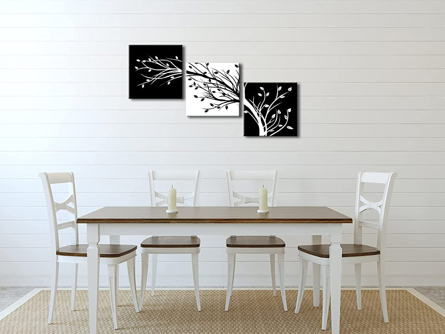 3 Panel Wall Art Black and White Leaves on Canvas Floral Trees