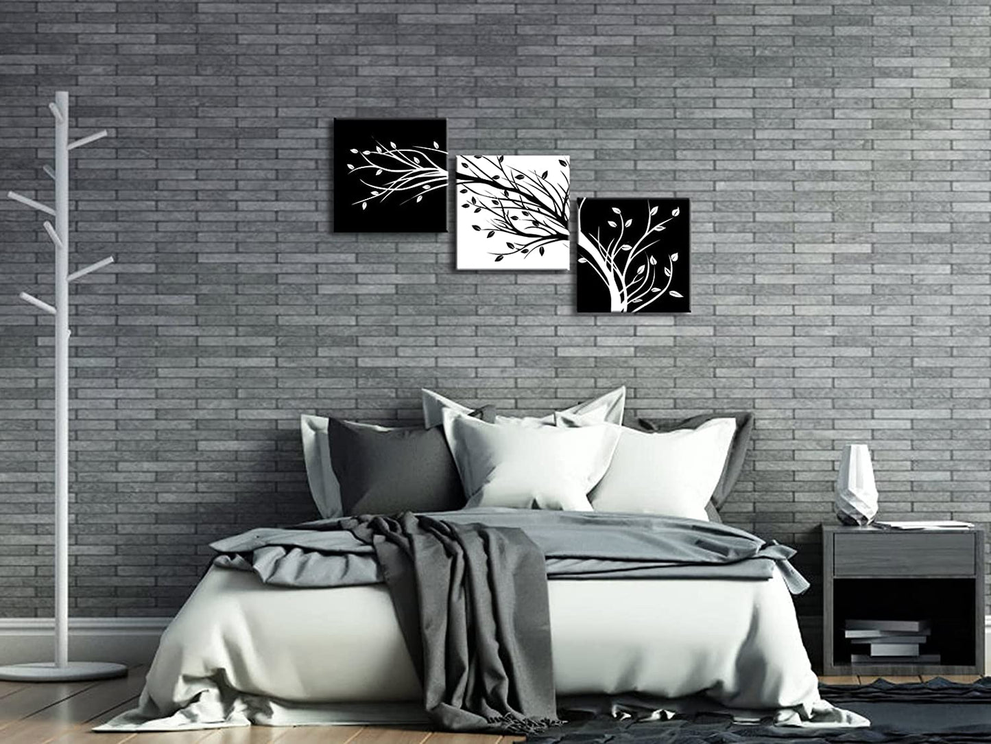 3 Panel Wall Art Black and White Leaves on Canvas Floral Trees