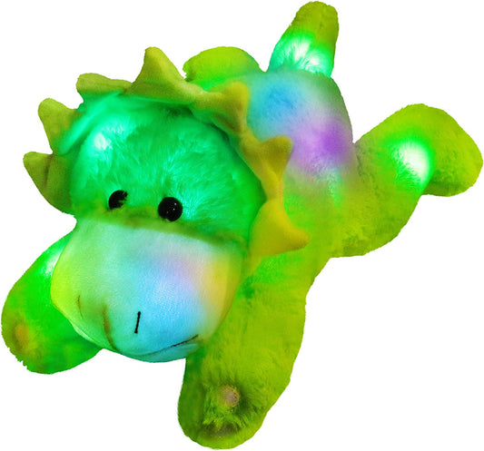 Triceratops dinosaur plush toy with LED lights, 15", green