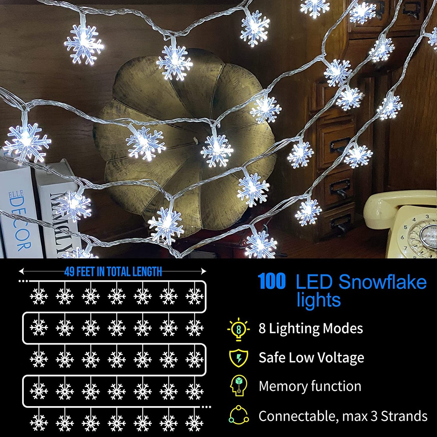 100 Led Christmas Snowflake Lights 32ft Indoor, (White)