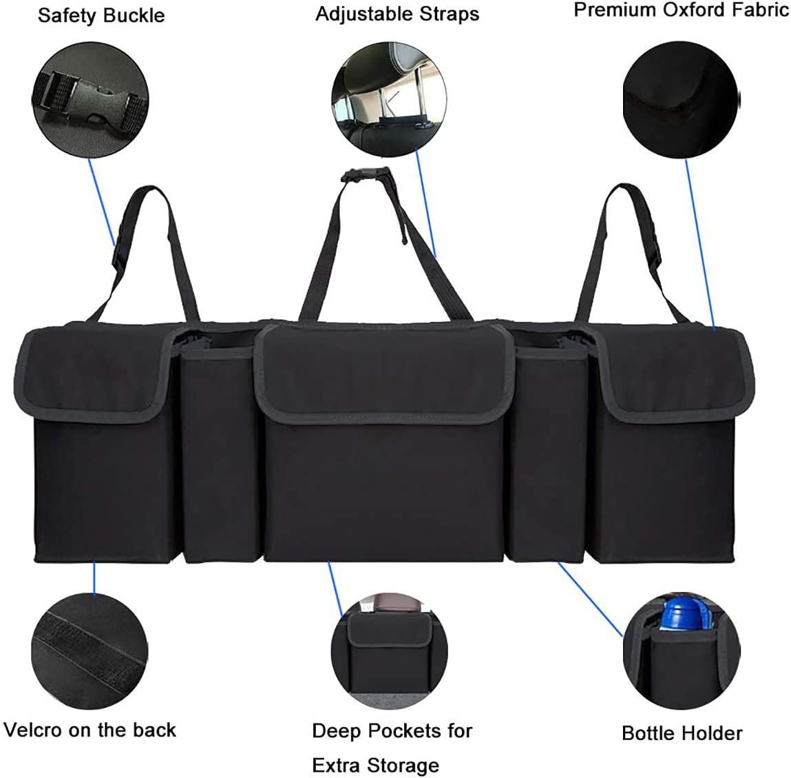 Organizer, trunk, car, with 5 pockets, storage, black