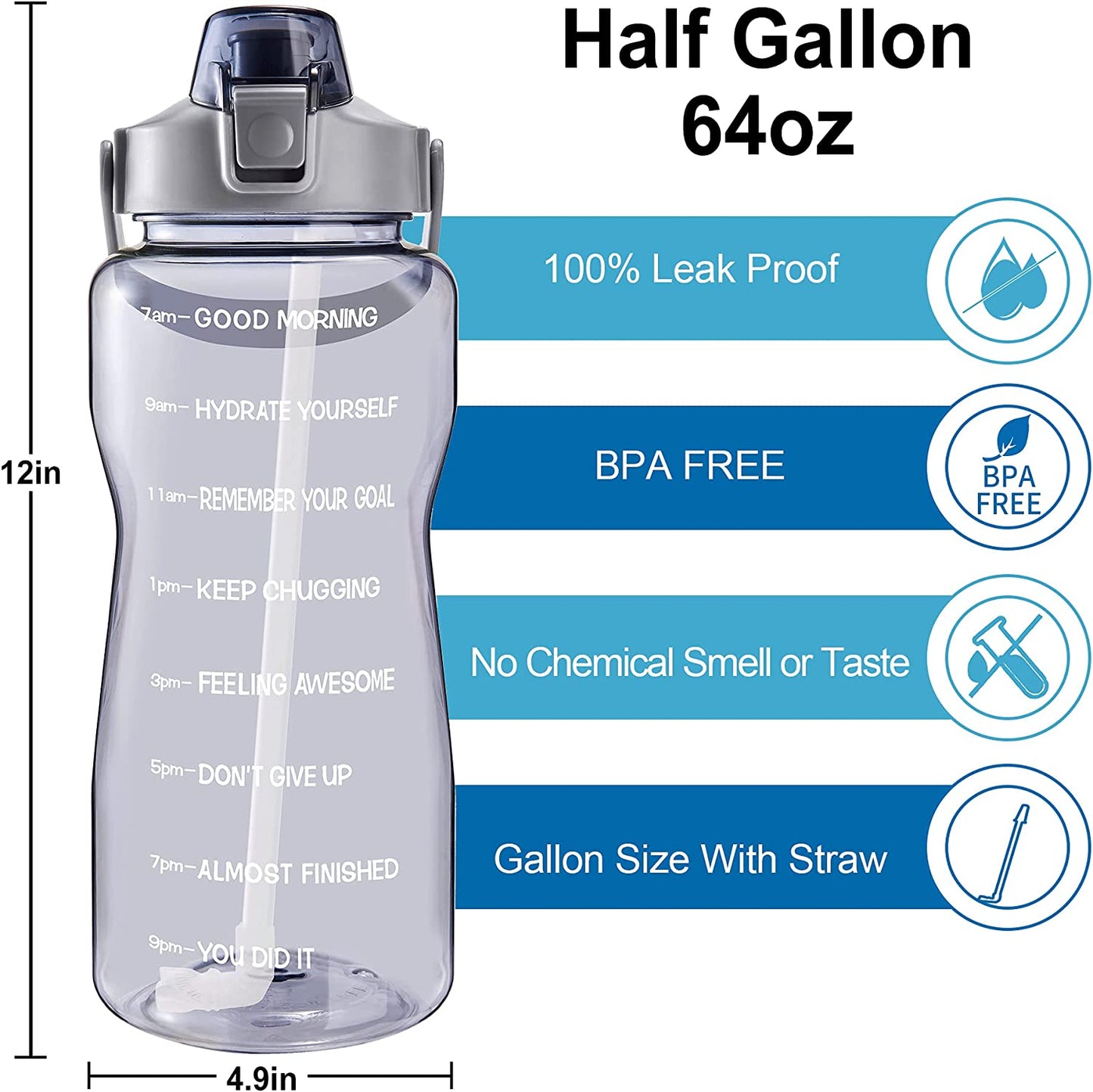Leak-Free Drinking Water Bottle, 64oz (Gray)